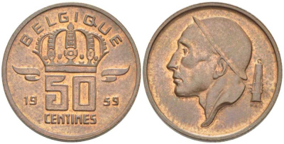 БЕЛЬГИЯ 50 САНТИМОВ 1959 BELGIQUE, БОДУЭН I (1951-1993) KM 148.1 бронза 206-165