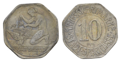 Билефельд 10 пфеннигов 1917 Funck 40.3, Men05 2775.7, Men18 3552.7 цинк 4636-716