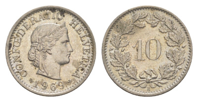Швейцария 10 раппенов 1969 B KM 27 медно-никель 4625-444