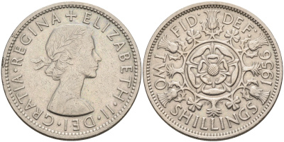 Великобритания 2 шиллинга (флорин) 1956 Елизавета II (1952-2022) KM 906, Spink 4146 медно-никель 4367-1245