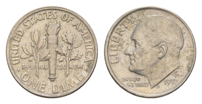 США 1 дайм (10 центов) 1992 P, президент Рузвельт KM 195a медь плакированная медно-никелем 4649-1254