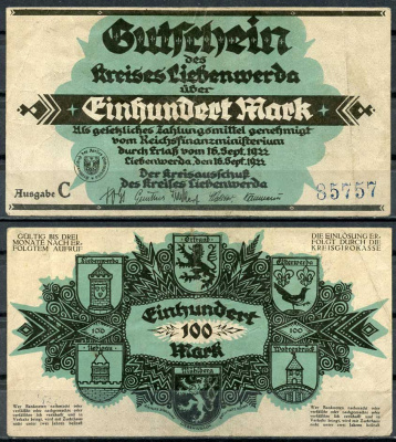 Германия, Либенверда 100 марок 1922 нотгельд, 16.09.1922, серия C M. 2720.3 бумага UNC (пресс) 444-65-2-2