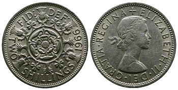 Великобритания 2 шиллинга (флорин) 1966 Елизавета II (1952-2022) KM 906, Spink 4146 медно-никель 4382-625