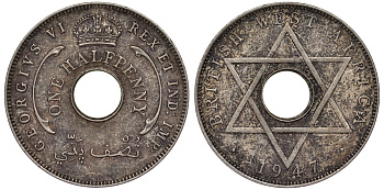 Британская Западная Африка 1/2 пенни 1947 H, Георг VI KM 18 медно-никель 25-2213