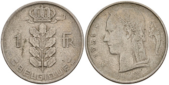 Бельгия 1 франк 1951 Belgie, Бодуэн I (1951-1993) KM 143 медно-никель 4189-857