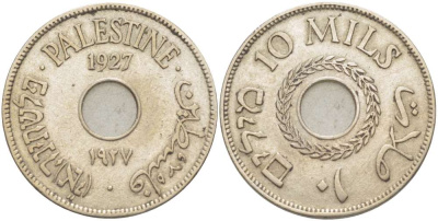 Израиль, Палестина 10 милсов 1927 Британская администрация KM 4 медно-никель 4185-1213