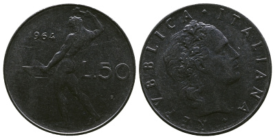 ИТАЛИЯ 50 ЛИР 1964 КУЗНЕЦ KM 95.1 сталь 4384-1116