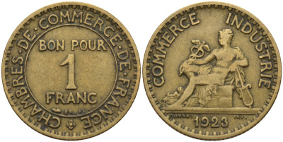 Франция 1 франк 1923 KM 876, Le Franc 218.5 алюминиевая бронза 4142-721