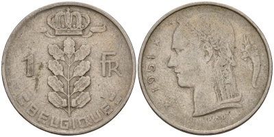 Бельгия 1 франк 1951 Belgie, Бодуэн I (1951-1993) KM 143 медно-никель 4189-857