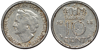 Нидерланды 10 центов 1948 Вильгельмина (1895-1948) KM 177 никель 71-226