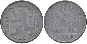 БЕЛЬГИЯ 1 ФРАНК 1943 BELGIQUE-BELGIE KM 127 цинк 68-233