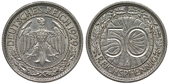 Германия 50 рейхспфеннигов 1929 A KM 49, J. 324 никель 4121-823