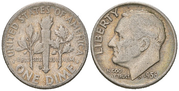 США 10 центов (дайм) 1956 D KM 195 серебро 3309-745