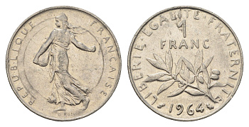 Франция 1 франк 1964 сеятель KM 925 никель 4673-1134