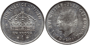 Швеция 1 крона 2003 Карл XVI Густав (1973- ) KM 894 медно-никель 4179-1122