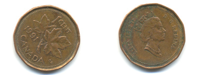 Канада 1 цент 1991 Елизавета II (1952-2022), кленовый лист KM 181 бронза 177-1428