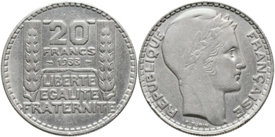 Франция 20 франков 1933 Пьер Тюрен KM 879, Le Franc 400.3 серебро 413-2145