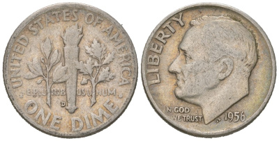 США 10 центов (дайм) 1956 D KM 195 серебро 3309-745