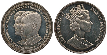 ОСТРОВ МЭН 1 КРОНА 1986 НА СВАДЬБУ ПРИНЦА ЭНДРЮ И САРЫ ФЕРГЮССОН, ПОРТРЕТЫ KM 173 медно-никель UNC 1078-1-63