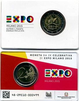 Италия 2 евро 2015 ЭКСПО 2015, Милан, запайка, пластик KM 380 биметалл BUNC 3-4-8-46