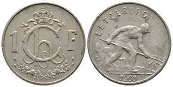 Люксембург 1 франк 1960 сталевар KM 46.2 медно-никель 4364-3221