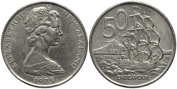 Новая Зеландия 50 центов 1975 Елизавета II (1952-2022), парусник Индевор KM 37 медно-никель 4578-111