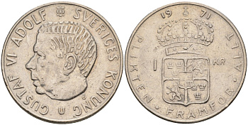 Швеция 1 крона 1971 Густав VI Адольф (1950-1973) KM 826а медь плакированная медно-никелем 4582-444