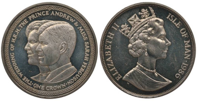 ОСТРОВ МЭН 1 КРОНА 1986 НА СВАДЬБУ ПРИНЦА ЭНДРЮ И САРЫ ФЕРГЮССОН, ПОРТРЕТЫ KM 173 медно-никель UNC 00-00