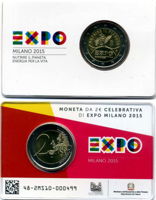 Италия 2 евро 2015 ЭКСПО 2015, Милан, запайка, пластик KM 380 биметалл BUNC 3-4-8-46