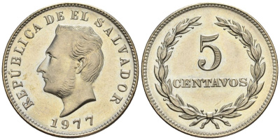 Сальвадор 5 сентаво 1977 год тип, Франсиско Морасан KM 149 b, Schoen 21b никель сталь 4118-121