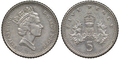 Великобритания 5 пенсов 1990 Елизавета II (1952-2022) KM 937b, Spink 4372 (D4) медно-никель 62-821