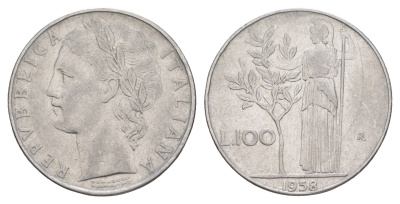 Италия 100 лир 1958 R, Афина в доспехах KM 96.1 нержавеющая сталь 4551-1233