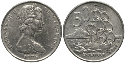 Новая Зеландия 50 центов 1975 Елизавета II (1952-2022), парусник Индевор KM 37 медно-никель 00-00
