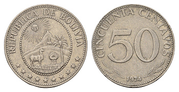 Боливия 50 сентаво 1974 KM 190 сталь плакированная никелем 4666-1141