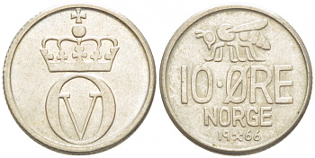 НОРВЕГИЯ 10 ЭРЕ 1966 КМ 411 медно-никель 3955-214