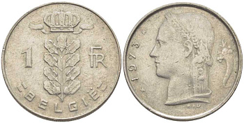 БЕЛЬГИЯ 1 ФРАНК 1973 BELGIE, БОДУЭН I (1951-1993) KM 143.1 медно-никель 119-623