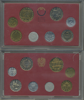 Австрия набор из 8 монет 1994 официальный набор, 2, 5, 10, 50 грошей, 1, 5, 10, 20 шиллингов, 800 лет Венскому мондвору, в пластике KM MS 3 UNC 6-6-2-12