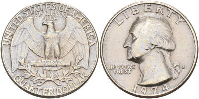США 25 центов (квотер) 1974 D, Вашингтон KM 164a медь плакированная медно-никелем 190-321