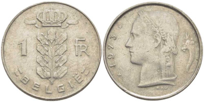 БЕЛЬГИЯ 1 ФРАНК 1973 BELGIE, БОДУЭН I (1951-1993) KM 143.1 медно-никель 119-623