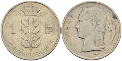БЕЛЬГИЯ 1 ФРАНК 1954 BELGIQUE KM 142.1 медно-никель 4546-437