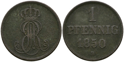 Ганновер 1 пфенниг 1850 B, Эрнст Август (1837-1851) KM 201.1, AKS 129, J. 74 медь 4608-1054