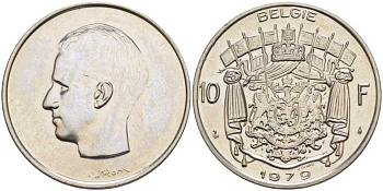 БЕЛЬГИЯ 10 ФРАНКОВ 1979 BELGIE, БОДУЭН I (1951-1993) KM 156.1 никель 4110-1533
