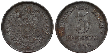 Германия 5 пфеннигов 1918 F KM 19, J. 297, Weege 5 железо 4118-1045