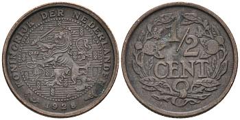 Нидерланды 1/2 цента 1928 Вильгельмина (1890-1948) KM 138 бронза 4576-456