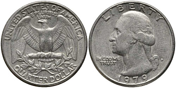 США 25 ЦЕНТОВ = КВОТЕР 1979 D, ВАШИНГТОН KM А164а медь плакированная медно-никелем 113-534