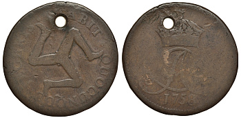 ОСТРОВ МЭН 1 ПЕННИ 1758 С ОТВЕРСТИЕМ KM 7 медь 650-113