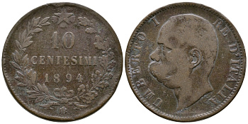 Италия 10 чентезимо 1894 B/I, Умберто I (1878-1900) KM 27.1 медь 73-732