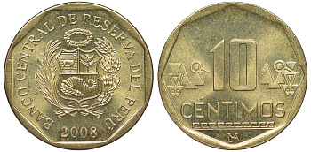 Перу 10 сентимо 2008 KM 305.4 латунь aUNC 4605-617