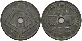 Бельгия 10 сантимов 1941 Belgique - Belgie KM 125 цинк 44-1149