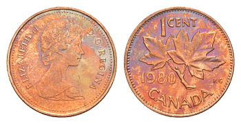 Канада 1 цент 1980 Елизавета II (1952-2022), кленовый лист KM 127 бронза 4639-356